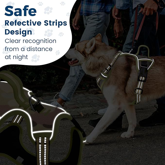 Funfox Dog Harness No Pull, Adjustable Pet Vest Harness, Super Soft Material with Vertical Handle Easy Control, Reflective Night Walking, 2 Leash Clips for Small Sized Dogs, Camo Green, S