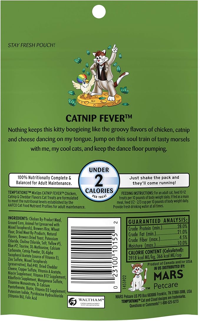 Temptations MixUps Catnip Fever Flavor Crunchy and Soft Cat Treats, 3 oz. Pouch (Pack of 12)