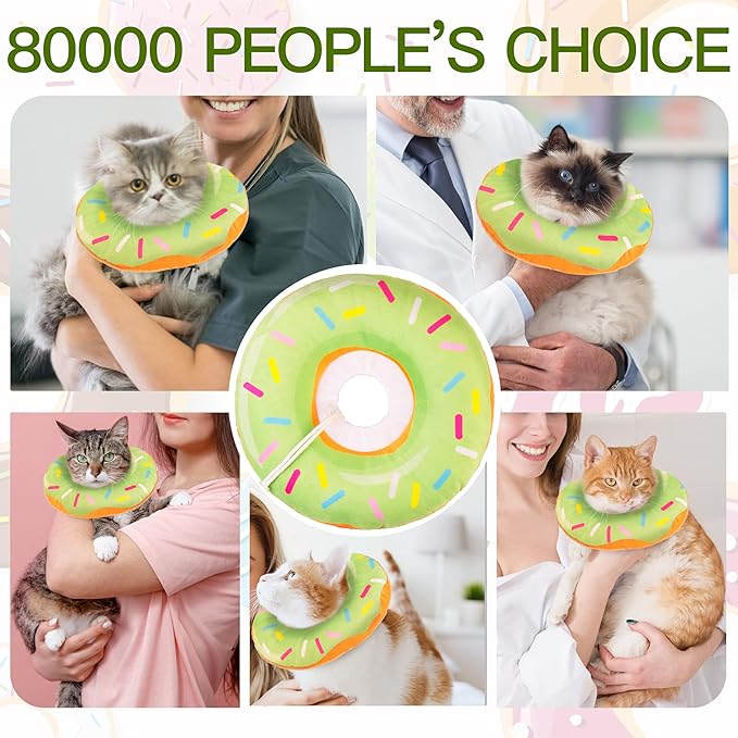Cat Cone Collar Soft, Cute Cat Donut Collar After Surgery, Adjustable Kitten Recovery Cones to Stop Licking, Lightweight Neck Elizabethan Collars for Cats Kittens (Green, Large)