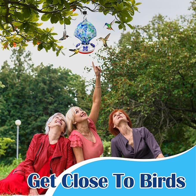 Glass Hummingbird Feeder with Ant Moat 25.4 OZ Large Capacity Hand Blown Glass Blue Hanging Wild Bird Feeder for Backyard Garden Outdoors Decorations with Hook Brush Birds Lovers Gift