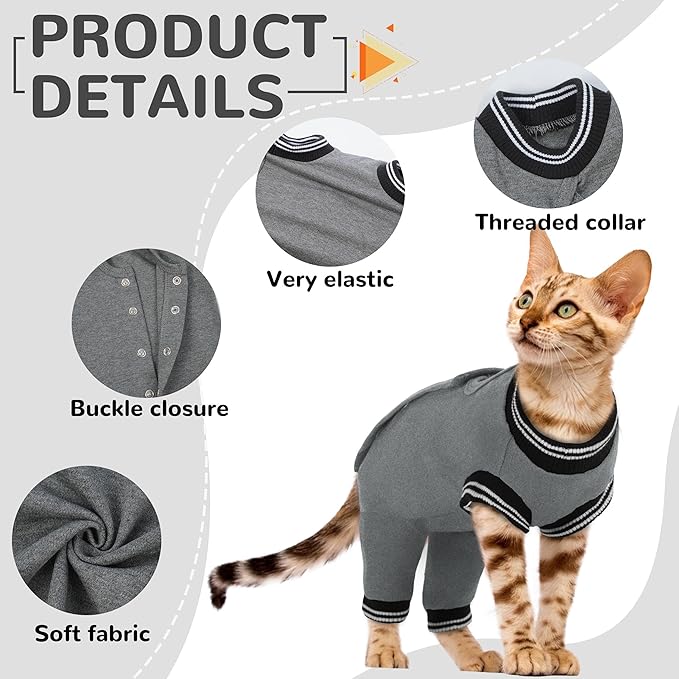 PUMYPOREITY Cat Recovery Suit for Hind Legs, Cat Surgical Spay Suit with Leg Sleeves to Stop Licking, Long Rear Sleeve Wound Cover Abdomen Kitten Onesie, Grey, L