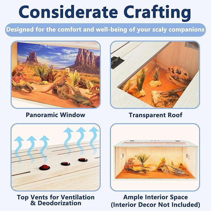 Prolee Reptile Terrarium, Lizard Tank Up to 68 Gallons, Bearded Dragon Tank with Roof Door, Snake Tank with Built-in Lamp Fixture and Switch (78 Gallon, 48" Long, Openable Wood Roof)