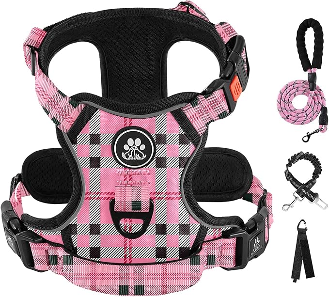 IVY&LANE No Pull Dog Harness with Leash Set, Reflective No Choke Pet Vest,Adjustable Oxford Dog Vest Harness with Easy Control Handle for Small Dogs (Checkered Pink,S)