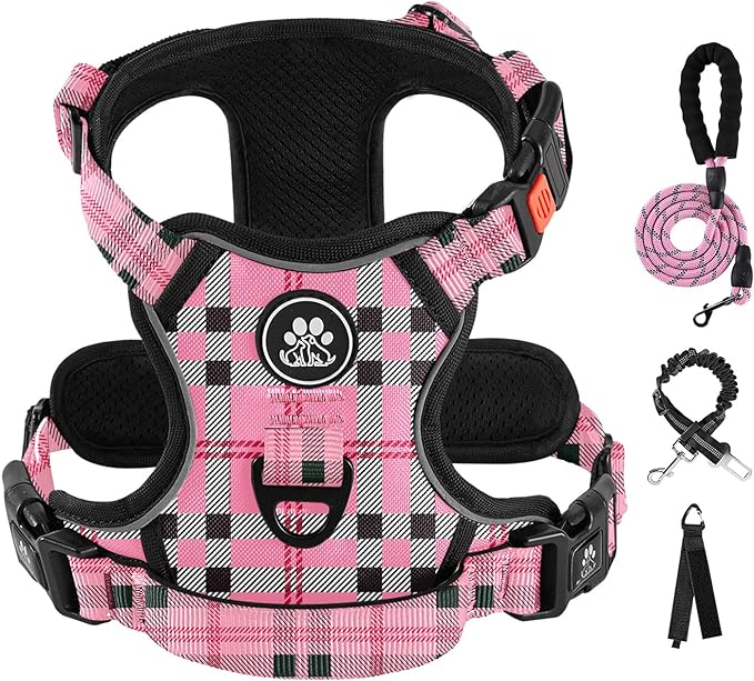 IVY&LANE No Pull Dog Harness with Leash Set, Reflective No Choke Pet Vest,Adjustable Oxford Dog Vest Harness with Easy Control Handle for Medium Lagre Dogs (Checkered Pink,M)