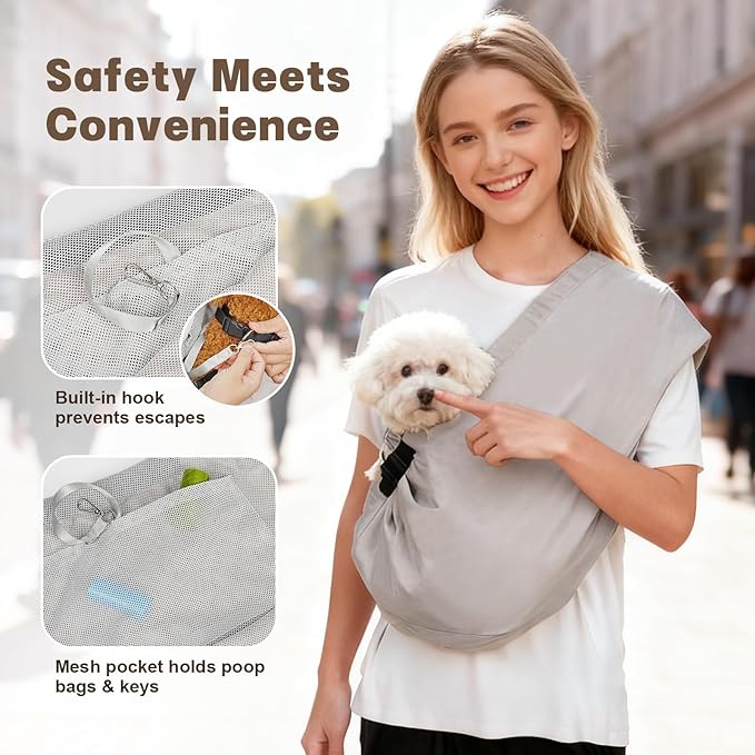 Dog Carrier Sling for Small Dogs Cats – Hands Free Pet Sling Carrier with Mesh Lining Pocket & Safety Hook, Adjustable Cat Dog Front Carrier for Travel, Daily Walk, Outdoor,Grey L