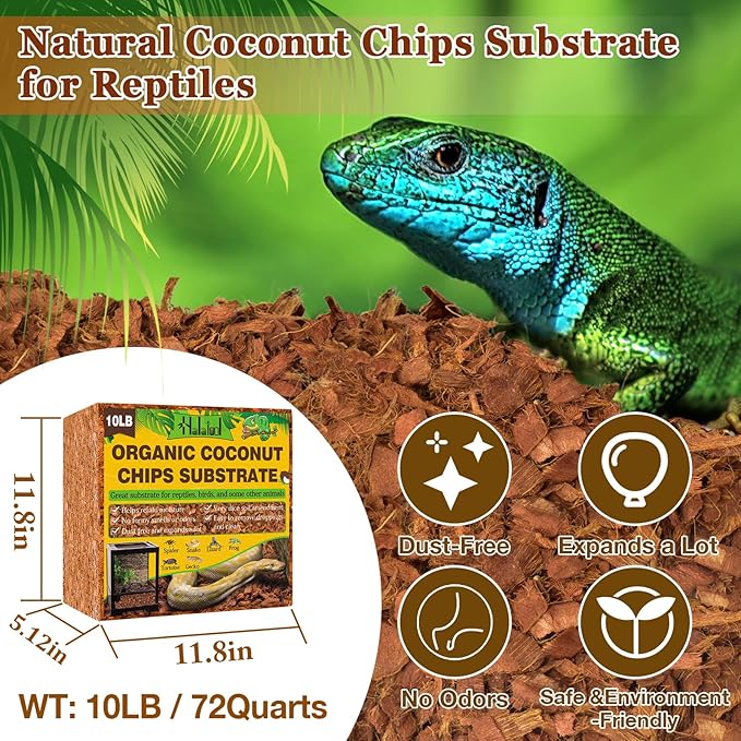 Halatool 10LB Coconut Chips Substrate 72QT Natural Coconut Husk for Reptiles Coco Cypress Mulch Aquarium Terrarium Bedding for Corn Snake Ball Python Tortoise Frog Gecko Hermit Crab Reptile Tank