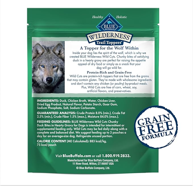 Blue Buffalo Wilderness Trail Toppers Wild Cuts Natural High-Protein Dog Wet Food, Duck Bites in Hearty Gravy, 3-oz Pouch, 24 Count