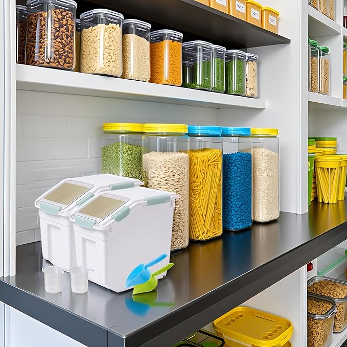 Saim Flour & Food Storage Container 25LB, Rice Dispenser & Dog Food Container with Lid, BPA Free Plastic with Measuring Cup for Rice, Flour, Dry Food Organization Cat Food Bin Bulk on wheels (Green)