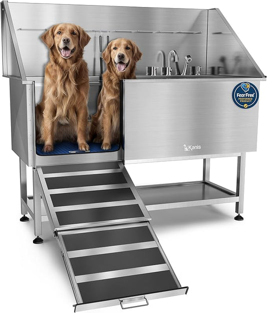 KANIS Professional Dog Washing Station - 304 Stainless Steel Pet Wash Sink & Grooming Bathtub w/Shower, Floor Grates and Storage for Large, Medium & Small Pets (61", Shelf - Left Ramp)
