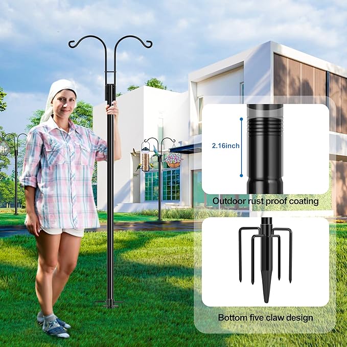 Ottsuls Bird Feeder Pole, 2 Pack 76 INCH Double Shepherds Hooks for Outdoor, Garden Pole with 5 Base Prongs Heavy Duty Planter Hooks for Hanging Plant Baskets, Lantern, Hummingbird Feeder