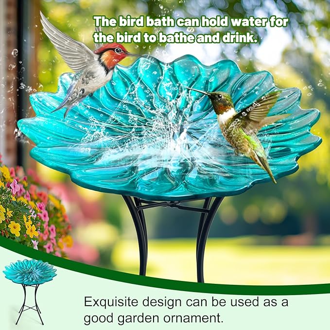HONGLAND Bird Bath for Outside-Bird Baths for Outdoors-Glass Large Birdbaths Bowl with Metal Stand for Garden Patio Lawn Decor - Green