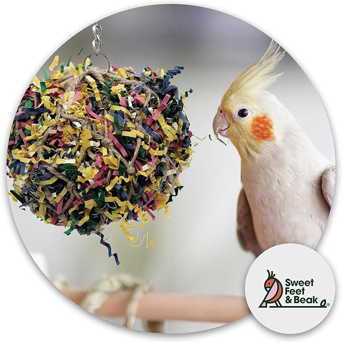 Sweet Feet and Beak Super Shredder Ball - Bird Cage Accessories to Keep Your Bird Busy Foraging for Hidden Treasures - Non-Toxic, Easy to Install Bird Foraging Toys for Small Sized Birds - 3 Inch