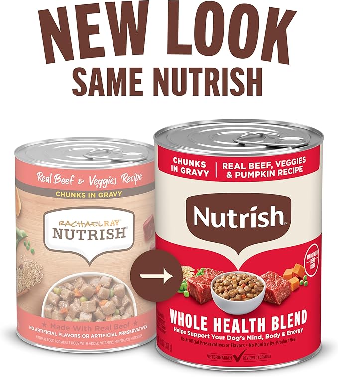 Nutrish Real Beef & Veggies Recipe Whole Health Blend Chunks in Gravy Wet Dog Food, 13 oz. Can, 12 Count, Packaging May Vary (Rachael Ray)