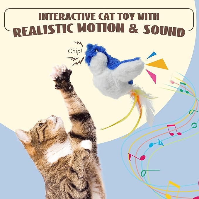 Flapping Bird Cat Toy, Interactive Catnip Kitten Toy with Lifelike Chirping, Rechargeable & Touch Activated for Bored Indoor Adult Cats of All Breeds, Blue