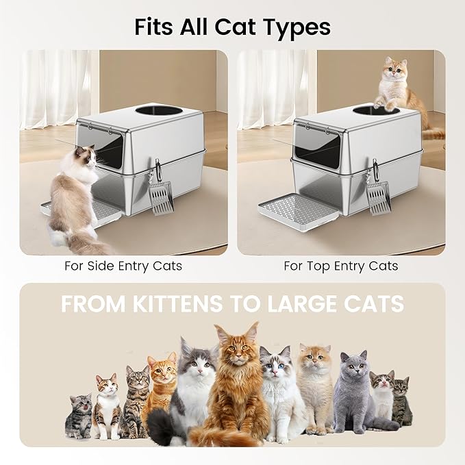 Enclosed Stainless Steel Litter Box with Lid, Enclosed Metal with High Sides, Large Cat Litter Box, Dog-Proof, Odor Control, Easy to Clean,Durable with Round Edge (Front Entry)
