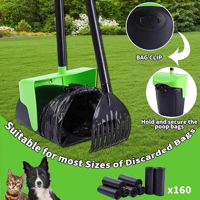 Pooper Scooper Large Swivel Bin & Rake with 160 Waste Bags,Heavy Duty Dog Pooper Scooper with Bag Attachment for Large Small Dogs, Long Handle Poop Scooper with Lid for Yard, Grass, Gravel (Green)