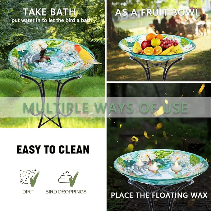 MUMTOP Bird Baths for Outdoors, Hummingbird Glass Large Bird Bath Bowl with Metal Stand, 18 Inch Bird Feeders for Outside and Garden, Patio,Lawn Decor (Hydrangea)