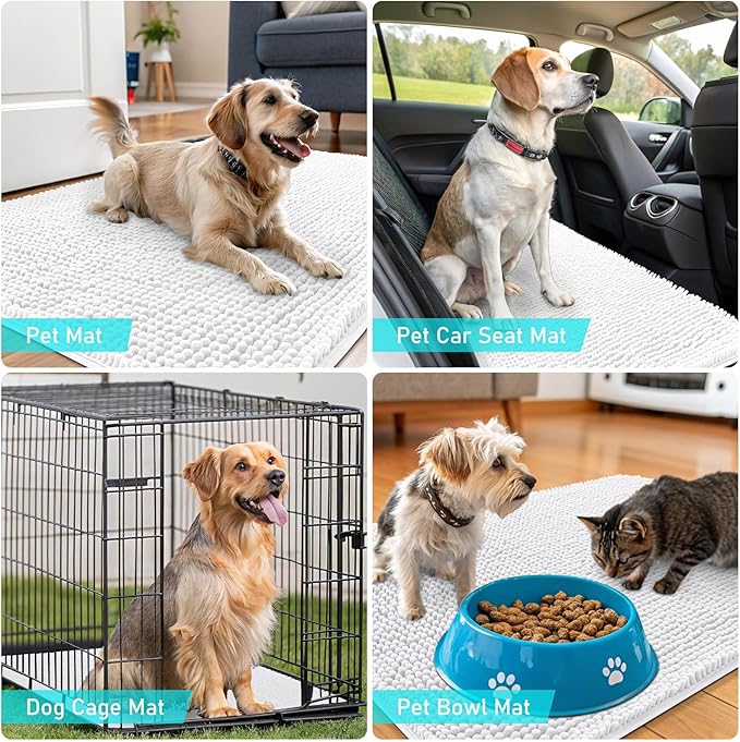 OLANLY Dog Door Mat for Muddy Paws 40x32, Absorbs Moisture and Dirt, Absorbent Non-Slip Washable Doormat, Quick Dry Chenille Mud Mat for Dogs, Entry Indoor Entryway Carpet for Inside Floor, White