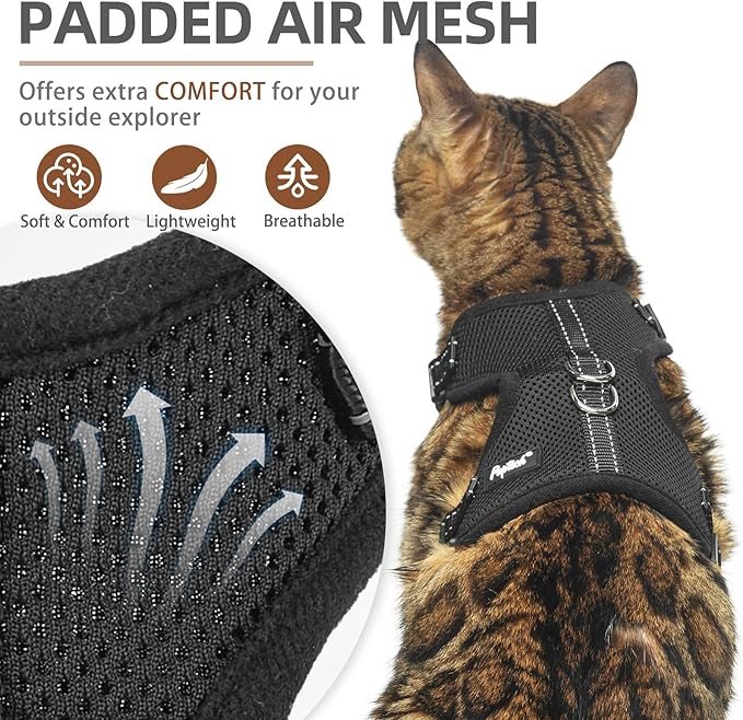 PUPTECK Cat Harness and Leash Set Escape Proof, Reflective Adjustable Soft Mesh Kitten Vest Harness for Walking Travel, Black, S