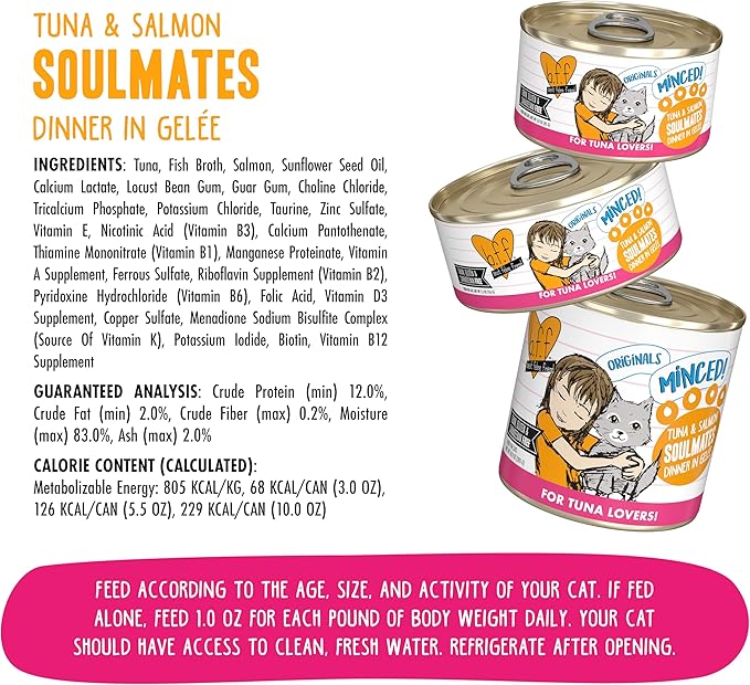 Weruva BFF Minced Natural Wet Cat Food, Tuna and Salmon Soulmates in Gelee, 3oz Can, Pack of 24