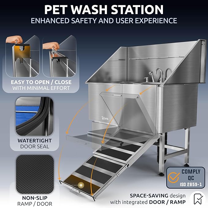 KANIS Professional Dog Washing Station - 304 Stainless Steel Pet Wash Sink & Grooming Bath Tub for Home with Ramp, Shower, Floor Grate, Storage Drawer, Faucet, Drain Kit for Large, Medium & Small Pets