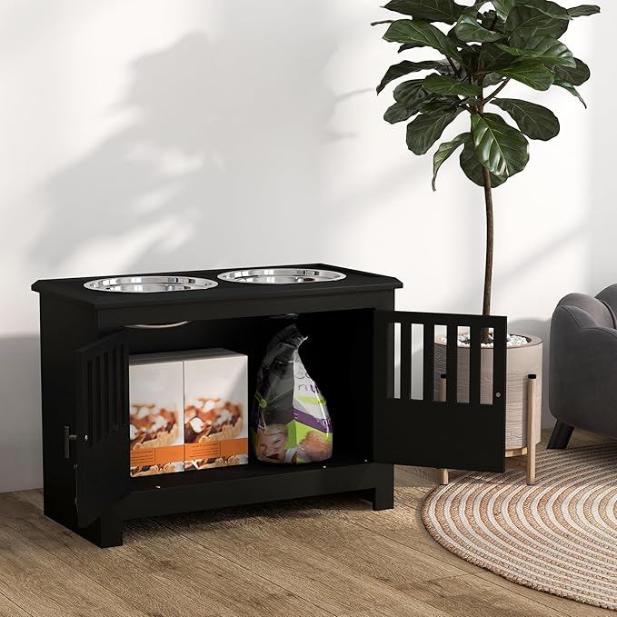 PawHut Large Elevated Dog Bowls with Storage Cabinet - 37L Capacity, Raised Dog Bowl Stand Feeding Station, Black