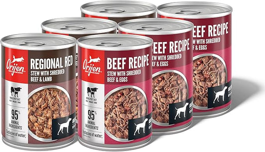 ORIJEN Real Meat Shreds Wet Dog Food Variety Pack: Regional Red + Beef Recipes 12.8oz Cans (6 Count, 3 of Each)