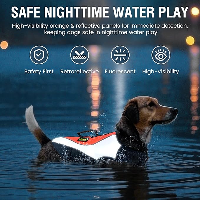 Dog Life Vest for Swimming and Boating - Adjustable Reflective Flotation Jacket, High Buoyancy Life Jacket for Dogs with Rescue Handle, Small Dog Safety Gear for Pool, Beach(S, Orange)