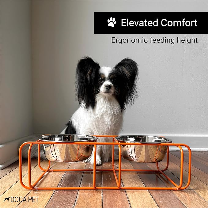Wire & Dine Elevated Dog Bowls Stand for Small & Medium Sized Dogs & Cats - 2 Stainless Steel 3 Cup Dishes - Non-Skid, Modern Minimalist Design, Dishwasher Safe, Orange Frame - Made in USA