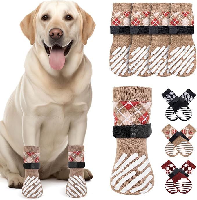LOOBANI Dog Socks to Prevent Licking Paws - Dog Socks for Hardwood Floors Anti Slip for Traction Control - Dog Grippy Socks for Senior Dog Small Medium Large Dogs on Tile Floors, Caramel L