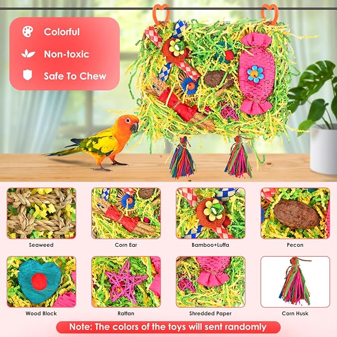 KATUMO Bird Toys - Large-Sized Grass Mat with Colorful Parrot Foraging Shredder Hanging Toys for Conure and Other Birds