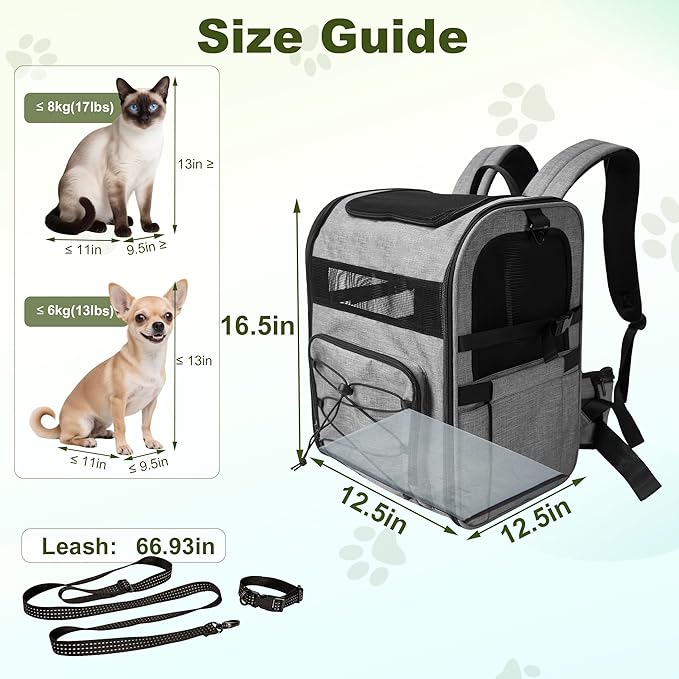 Dog Carrier Backpack for Small Dogs - Breathable Mesh Hiking Bag with Safety Buckle, Adjustable Straps and Standard Pad - Durable for Hiking (Fits Small Cats Too, Up to 17lbs, Gray)