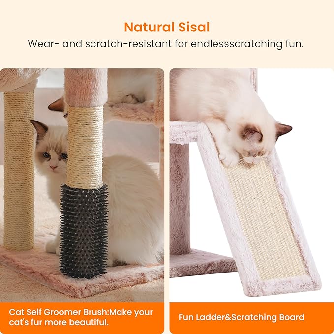 Heybly Cat Tree with Cat Self Groomer Brush, Cat Tower Condo for Indoor Cats with Padded Plush Perch, Cat House with Basket Scratching Board Post, Muchroom HCT005SMU