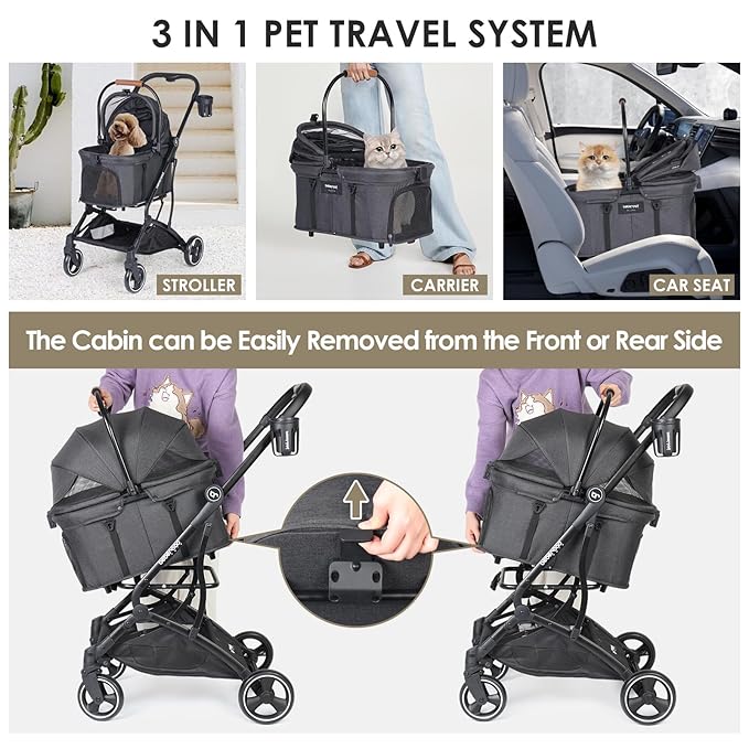 T3 Foldable Pet Stroller for Small Dogs & Cats – 3-in-1 Lightweight Design, 180° Canopy & Detachable Carrier (Black)
