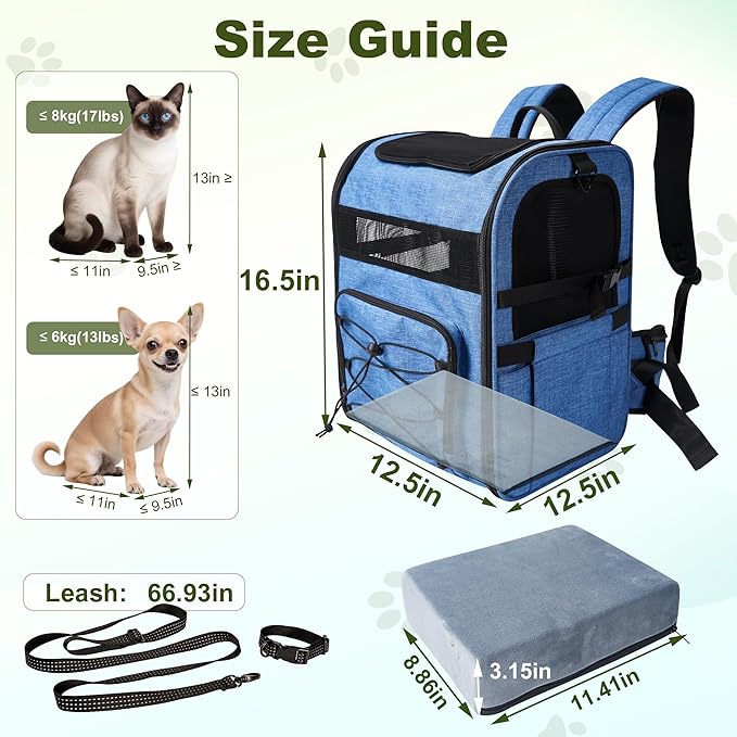 Dog Carrier Backpack for Small Dogs - Breathable Mesh Hiking Bag with Safety Buckle, Adjustable Straps and Elevated Pad - Durable for Hiking (Fits Small Cats Too, Up to 17lbs, Blue)