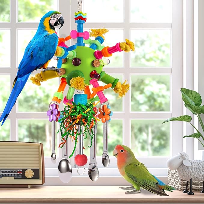Parrot Toys Bird Toys Perch Pullable Stainless Steel Spoons Colorful Acrylic Stick Chew Toys for Amazons Mini Macaws African Greys Cockatoos Conures,Cockatiels,Lovebirds,Parrotlets and Other (green)