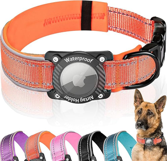 Upgraded AirTag Dog Collar, IP68 Waterproof Dog Collar with Apple Air Tag Holder, Reflective Adjustable Heavy Duty Dog Collars with Soft Padded for Small, Medium and Large Dogs,Orange, S