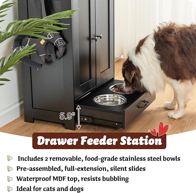 ALINE FURNITURE Dog Feeding Station with Storage Cabinet and 2 Elevated Dog Bowls, Hidden Pet Feeder Station Wood, Dog & Cat Storage Organizer, Black