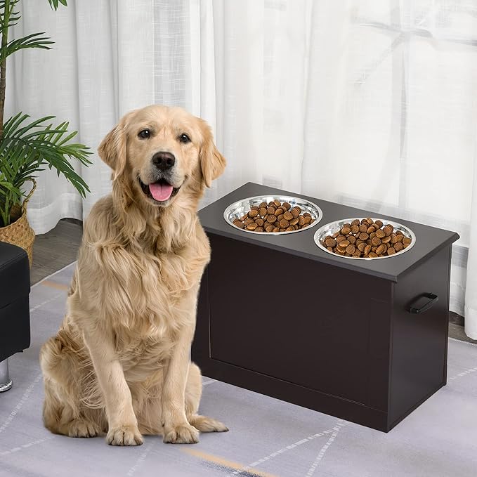 PawHut Raised Pet Feeding Storage Station with 2 Stainless Steel Bowls Base for Large Dogs and Other Large Pets, Coffee
