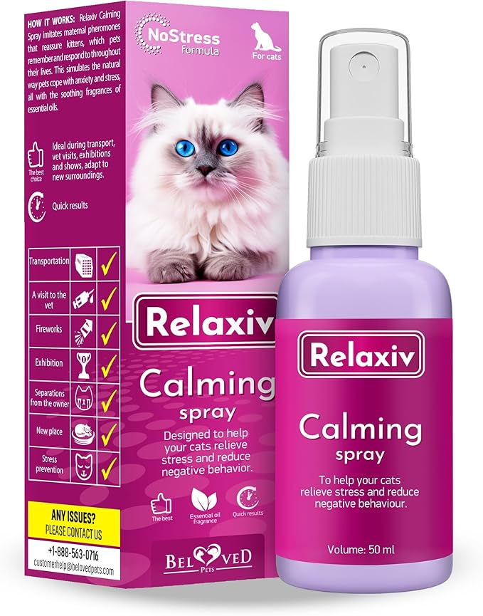 Beloved Pets Calming Pheromone Spray & Scratch Repellent for Cats - Reduces Scratching Furniture, Pee - During Travel, Fireworks, Thunder, Vet Zone - Helps with Stress, Fighting, Hiding (50 ml)