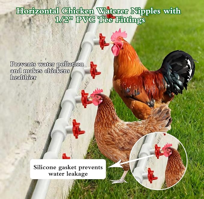 15 Pack Chicken Nipples Waterer with 1/2'' PVC Tee Fittings,DIY Automatic Chicken Waterer System, Horizontal Side Mount Poultry Water Nipple Waterer Drinker and for Poultry Ducks Quail and Other
