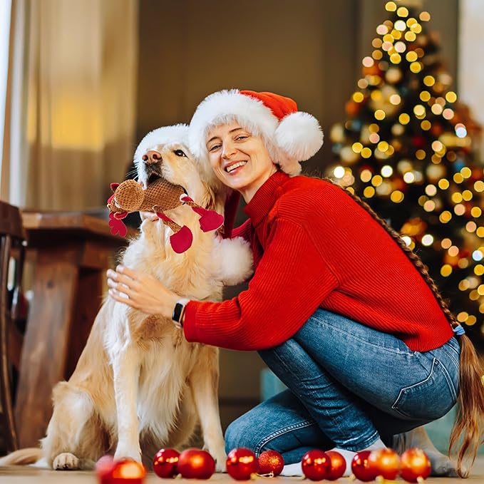 Christmas Squeaky Dog Toys, Stuffed Large Dog Toys to Keep Them Busy, Interactive Plush Chew Toys with Crinkle Paper, Tough Pet Animal Toys for Small Medium Large Dogs (Red Elk)