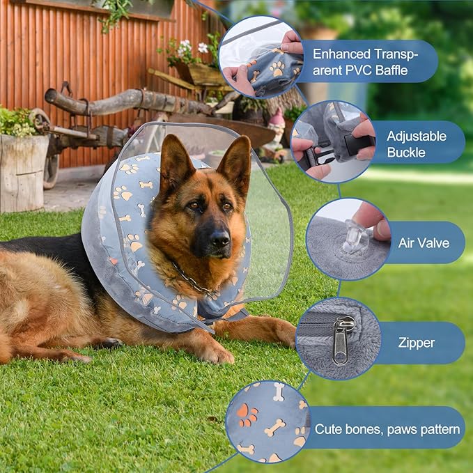 Inflatable Dog Cone Collar, Adjustable Size Soft PVC 2-in-1 Dog Donut Collar After Surgery with Detachable, Inflatable Collar for Small Medium Large Dogs and Cats (Grey, L)