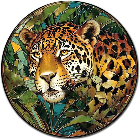 Lygond Metal Sign Tin Sign Circular Stained Glass jaguar Tin Signs for Women for Patio 8×8 Inches