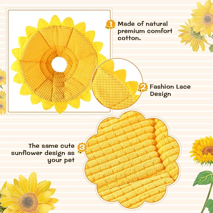 Sunflower Cat Recovery Cone Collar Soft Cotton Pet Cone Collar Adjustable Sunflower Elizabeth Postoperative Protection for Cats and Dogs(Small)