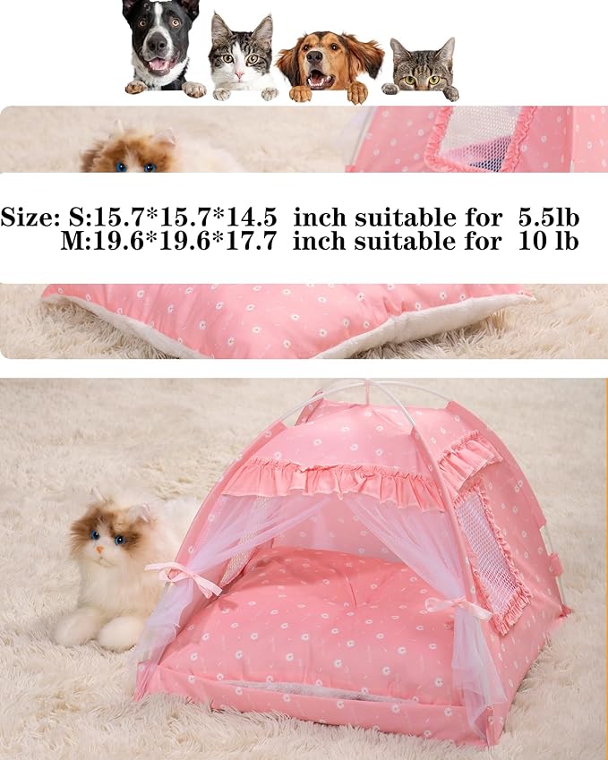 Cat Princess Bed Tent House - Kitty Cute Beds Indoor,Small Dog House Indoor/Outdoor Cave Nest Bed Small Dog Tent for Cat,Puppy Tents (15.7"x15.7"x14.5"/Pink)