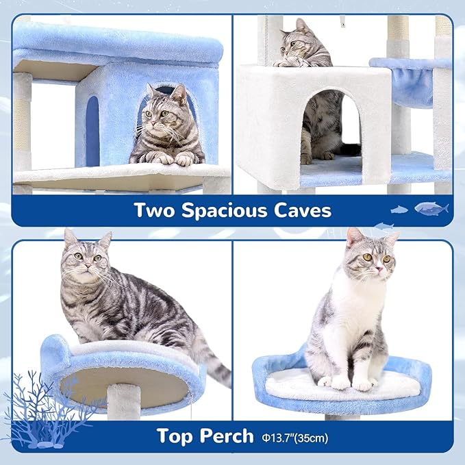 Globlazer Heavy Duty Cat Trees for Large Cats, Sturdy 72in Maine Coon Cat Tree for Large Cats 20 lbs+ Heavy Duty Cat Tower for Adult Biggest Cat with 6 Scratching Posts, Hammock, S72, Ocean Blue