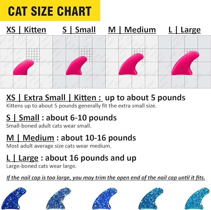 zetpo 100 pcs Cat Nail Caps | Cat Claw Covers | with Adhesives and Applicators (L, 5X Blue Glitter Shades)