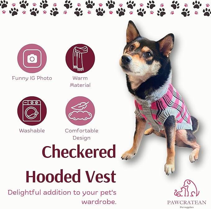 Cute Sweater for Dogs and Cats Soft Flannel Pet Outfit Warm and Cozy Animal Hoodie Small to Large Pet Clothes for Halloween Parties and Everyday Wear (Large, Pink Checkered with Hat)
