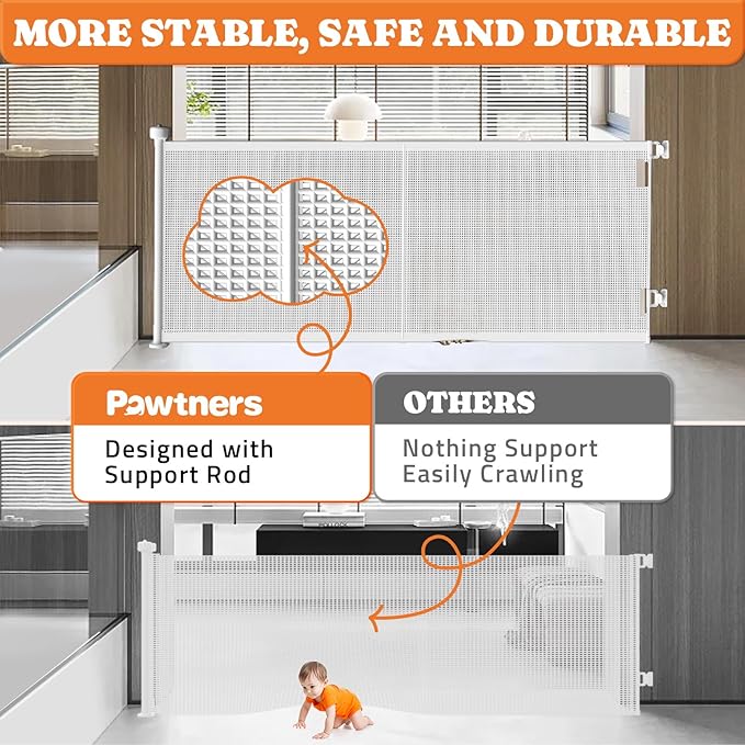 Upgrade Retractable Baby Gates, 35" Tall Extends up to 60" Wide, Mesh Dog Gate Indoor for Stairs, Outdoor Reinforced Pet Gate with Support Rods for Doorways Hallways Kitchen Bedroom, White